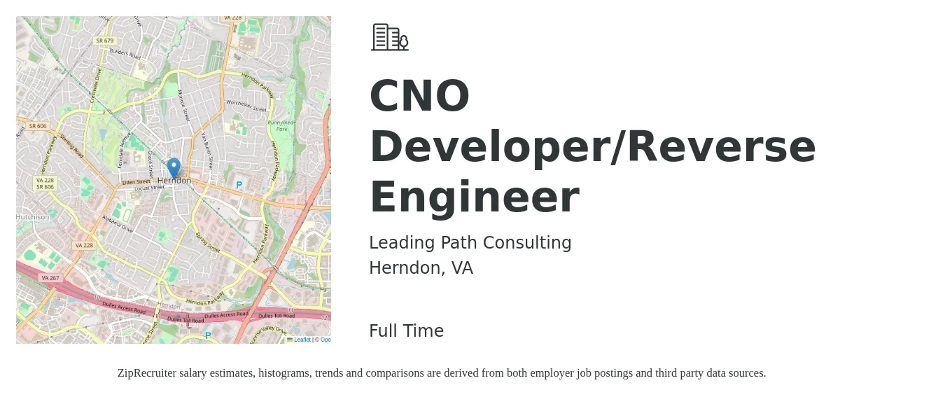 Leading Path Consulting job posting for a CNO Developer/Reverse Engineer in Herndon, VA with a salary of $129,500 to $177,700 Yearly with a map of Herndon location.