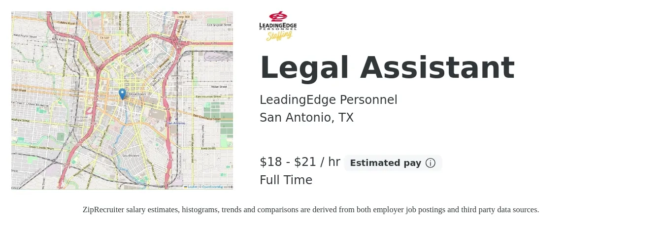 LeadingEdge Personnel job posting for a Legal Assistant in San Antonio, TX with a salary of $19 to $22 Hourly with a map of San Antonio location.