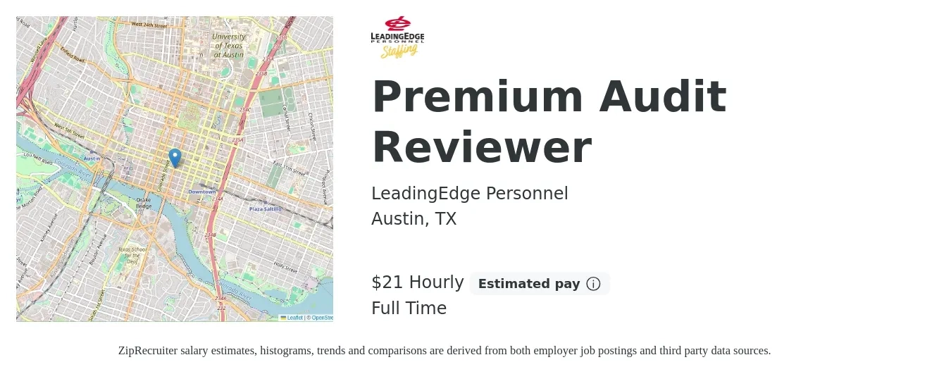 LeadingEdge Personnel job posting for a Premium Audit Reviewer in Austin, TX with a salary of $22 Hourly with a map of Austin location.