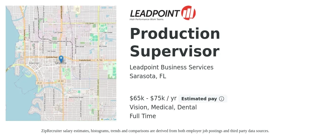 Leadpoint Business Services job posting for a Production Supervisor in Sarasota, FL with a salary of $65,000 to $75,000 Yearly and benefits including vision, dental, and medical with a map of Sarasota location.