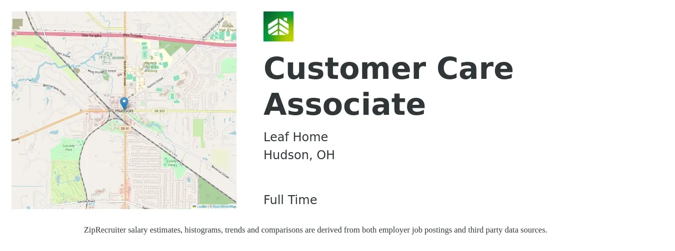 Leaf Home job posting for a Customer Care Associate in Hudson, OH with a salary of $30 Hourly with a map of Hudson location.