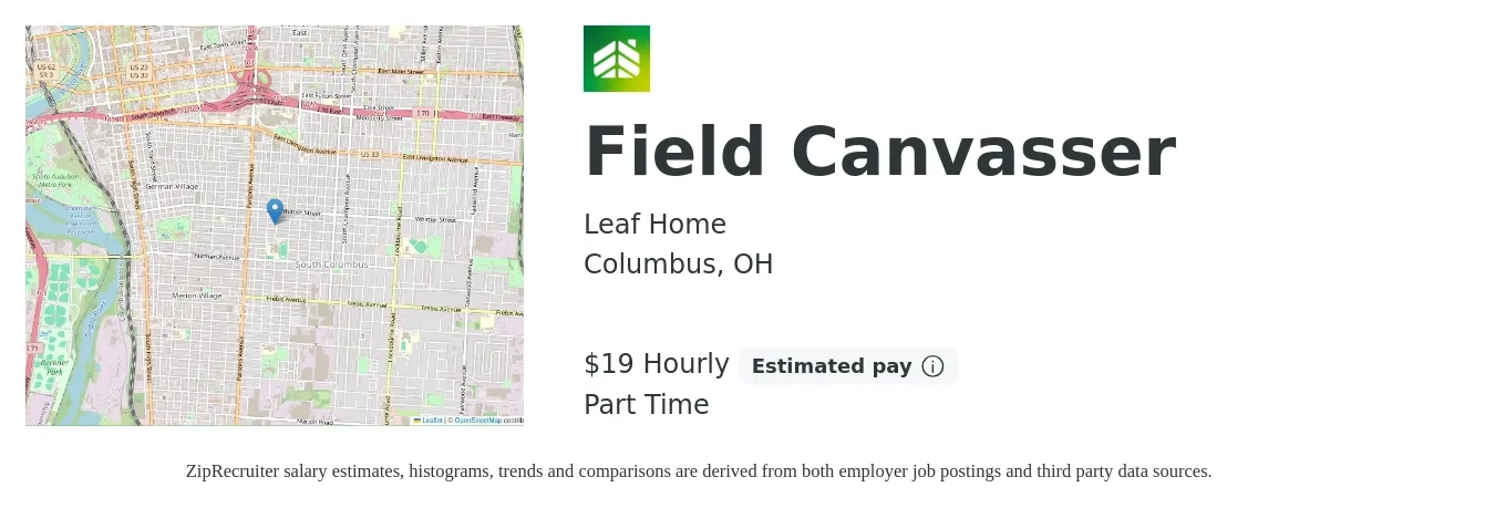 LeafHome job posting for a Field Canvasser in Columbus, OH with a salary of $24 Hourly with a map of Columbus location.