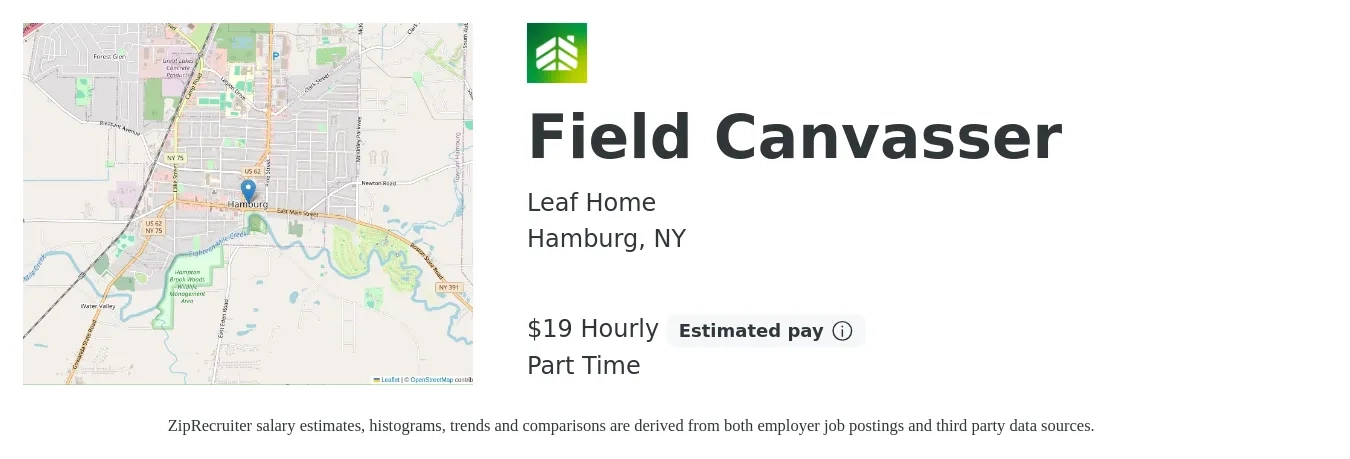 LeafHome job posting for a Field Canvasser in Hamburg, NY with a salary of $20 Hourly with a map of Hamburg location.