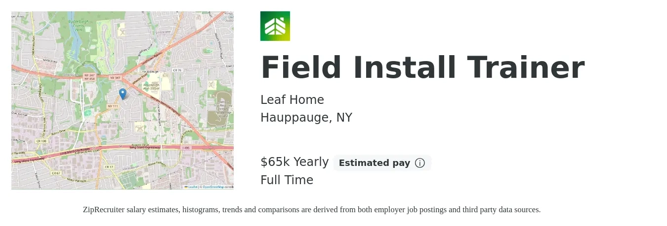 LeafHome job posting for a Field Install Trainer in Hauppauge, NY with a salary of $60,000 Yearly with a map of Hauppauge location.