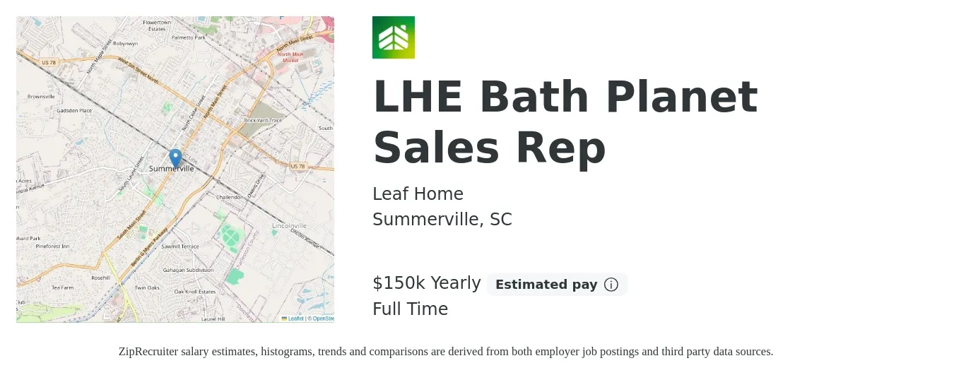 LeafHome job posting for a LHE Bath Planet Sales Rep in Summerville, SC with a salary of $150,000 Yearly with a map of Summerville location.