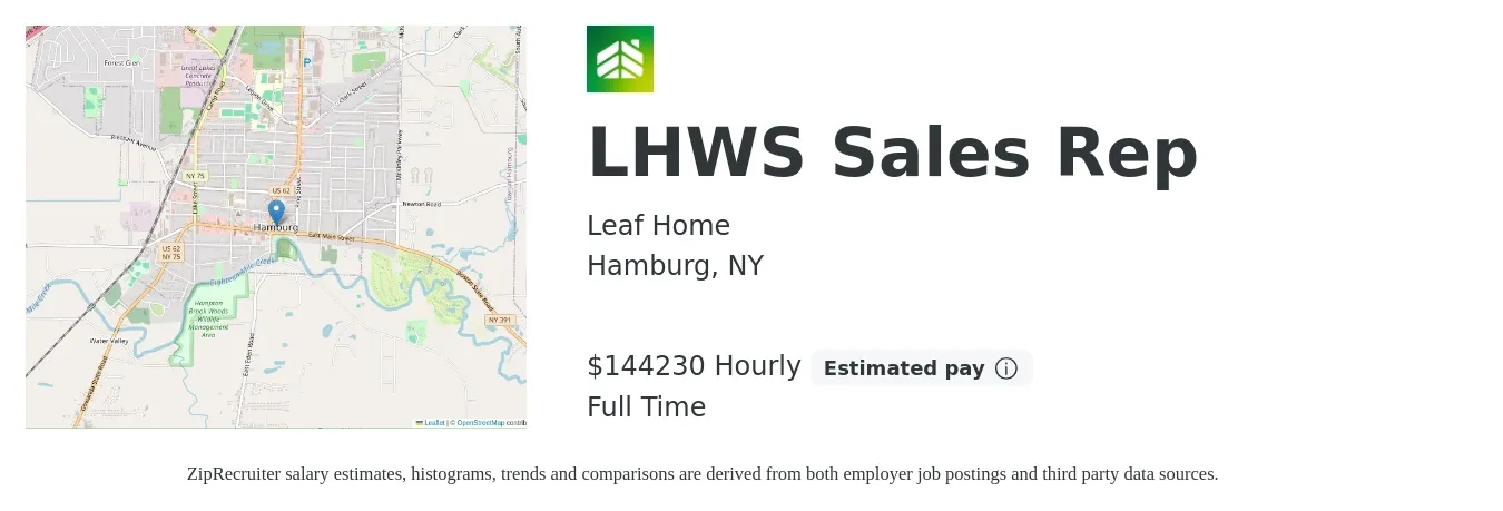 LeafHome job posting for a LHWS Sales Rep in Hamburg, NY with a salary of $150,000 Hourly with a map of Hamburg location.