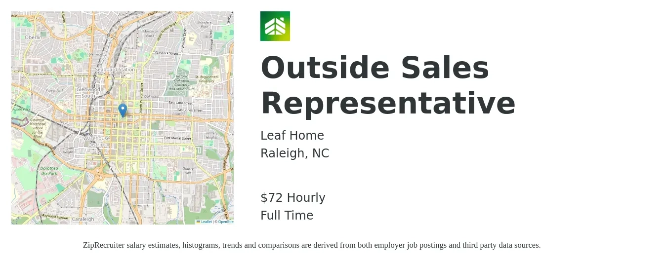 Leaf Home job posting for a Outside Sales Representative in Raleigh, NC with a salary of $100,000 Yearly with a map of Raleigh location.