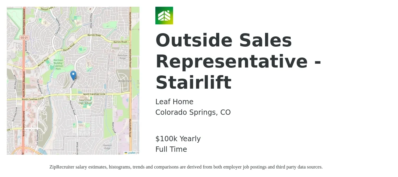LeafHome job posting for a Outside Sales Representative - Stairlift in Colorado Springs, CO with a salary of $100,000 Yearly with a map of Colorado Springs location.