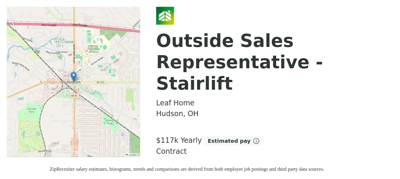 LeafHome job posting for a Outside Sales Representative - Stairlift in Hudson, OH with a salary of $117,000 Yearly with a map of Hudson location.