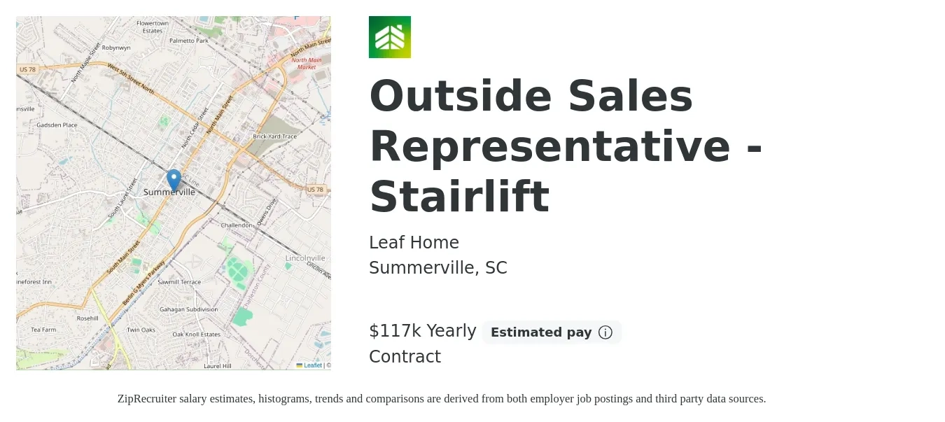 LeafHome job posting for a Outside Sales Representative - Stairlift in Summerville, SC with a salary of $117,000 Yearly with a map of Summerville location.