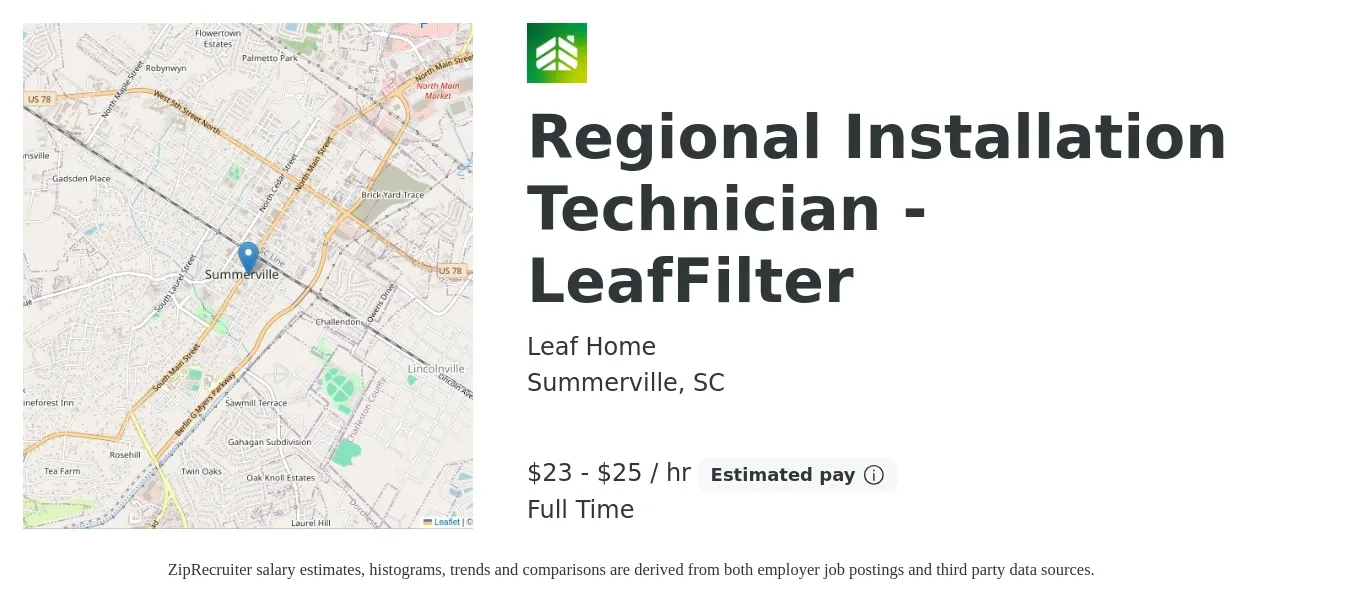LeafHome job posting for a Regional Installation Technician - LeafFilter in Summerville, SC with a salary of $24 to $26 Hourly with a map of Summerville location.