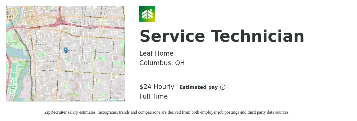LeafHome job posting for a Service Technician in Columbus, OH with a salary of $25 Hourly with a map of Columbus location.