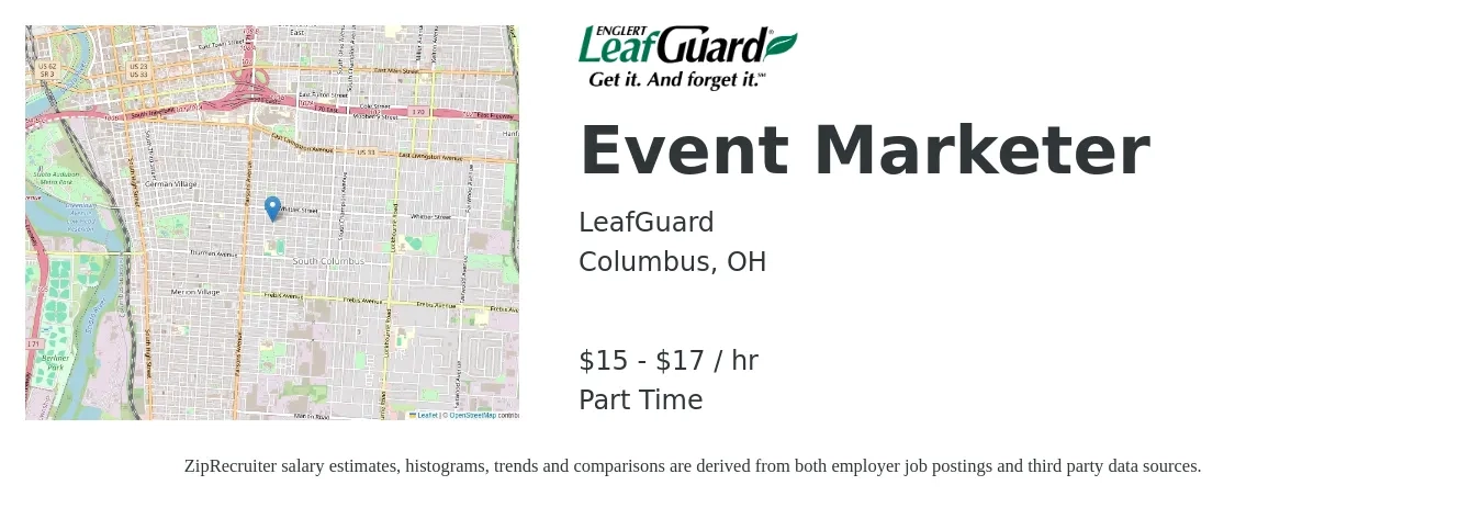 LeafGuard job posting for a Event Marketer in Columbus, OH with a salary of $16 to $23 Hourly with a map of Columbus location.