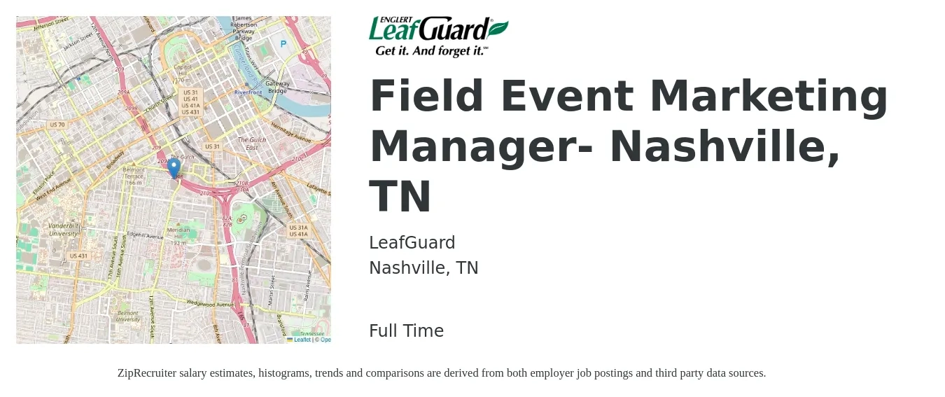 LeafGuard job posting for a Field Event Marketing Manager- Nashville, TN in Nashville, TN with a salary of $58,000 to $144,900 Yearly with a map of Nashville location.