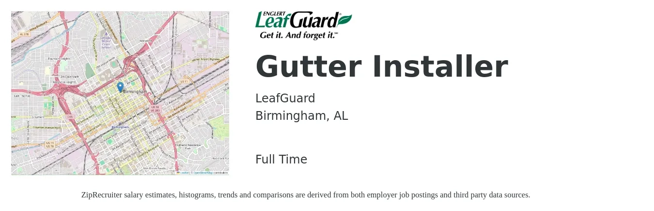 LeafGuard job posting for a Gutter Installer in Birmingham, AL with a salary of $17 to $24 Hourly with a map of Birmingham location.