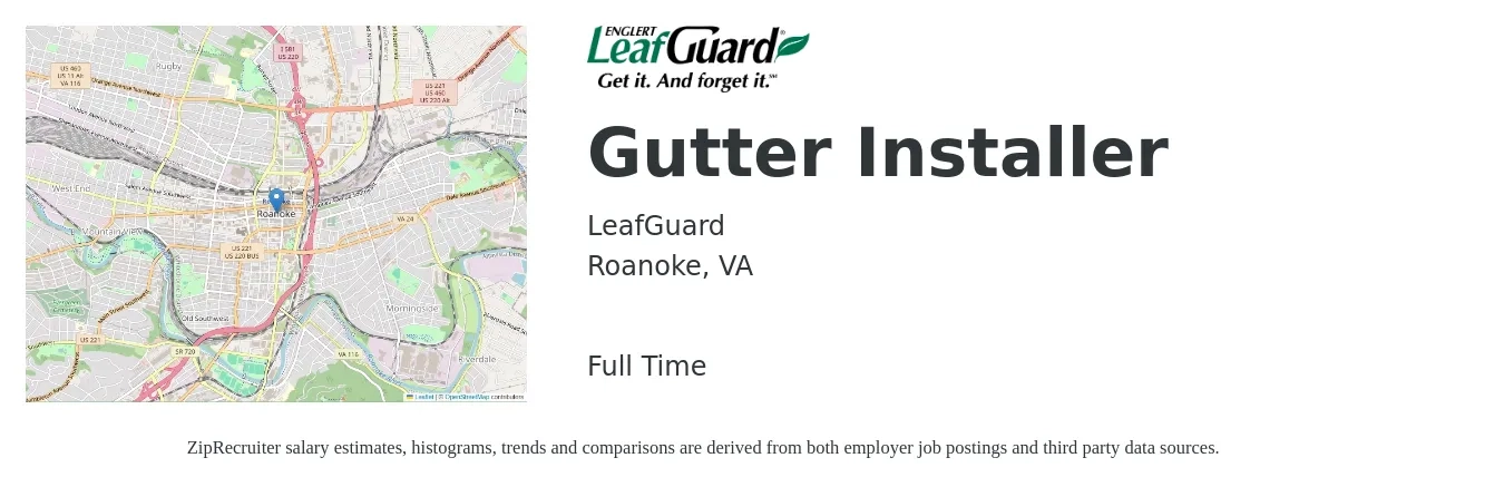 LeafGuard CO job posting for a Gutter Installer in Roanoke, VA with a salary of $18 to $24 Hourly with a map of Roanoke location.