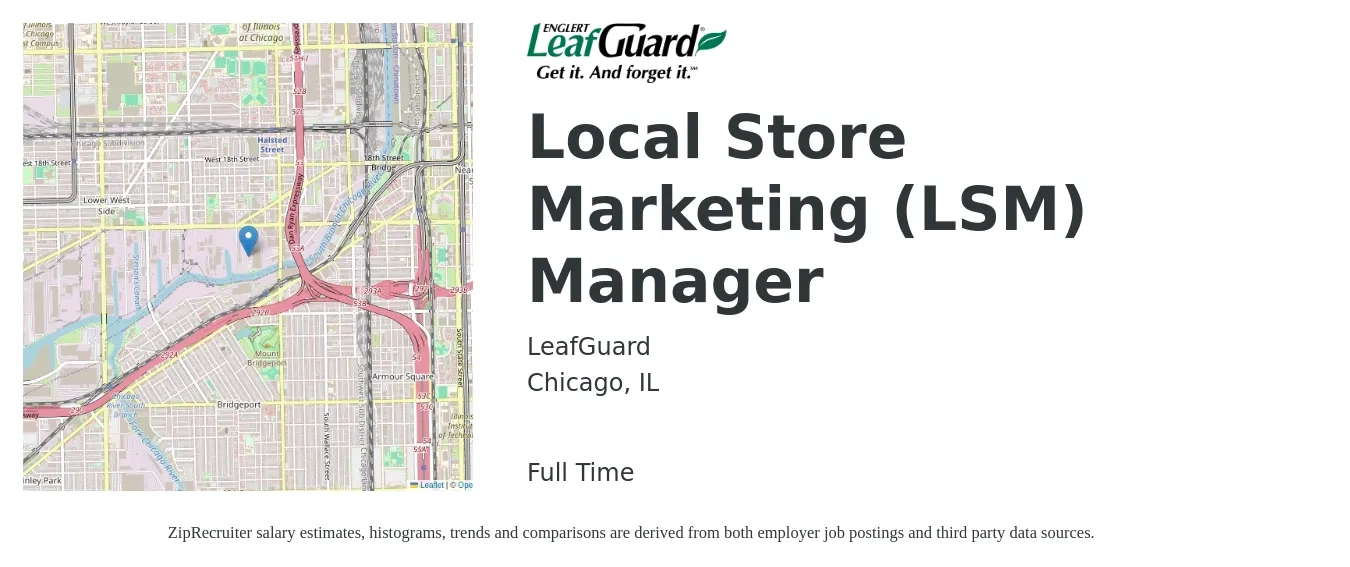 LeafGuard job posting for a Local Store Marketing (LSM) Manager in Chicago, IL with a salary of $61,800 to $101,000 Yearly with a map of Chicago location.