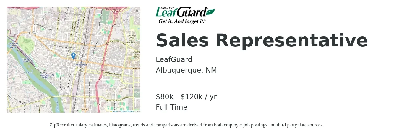LeafGuard job posting for a Sales Representative in Albuquerque, NM with a salary of $120,000 Yearly with a map of Albuquerque location.