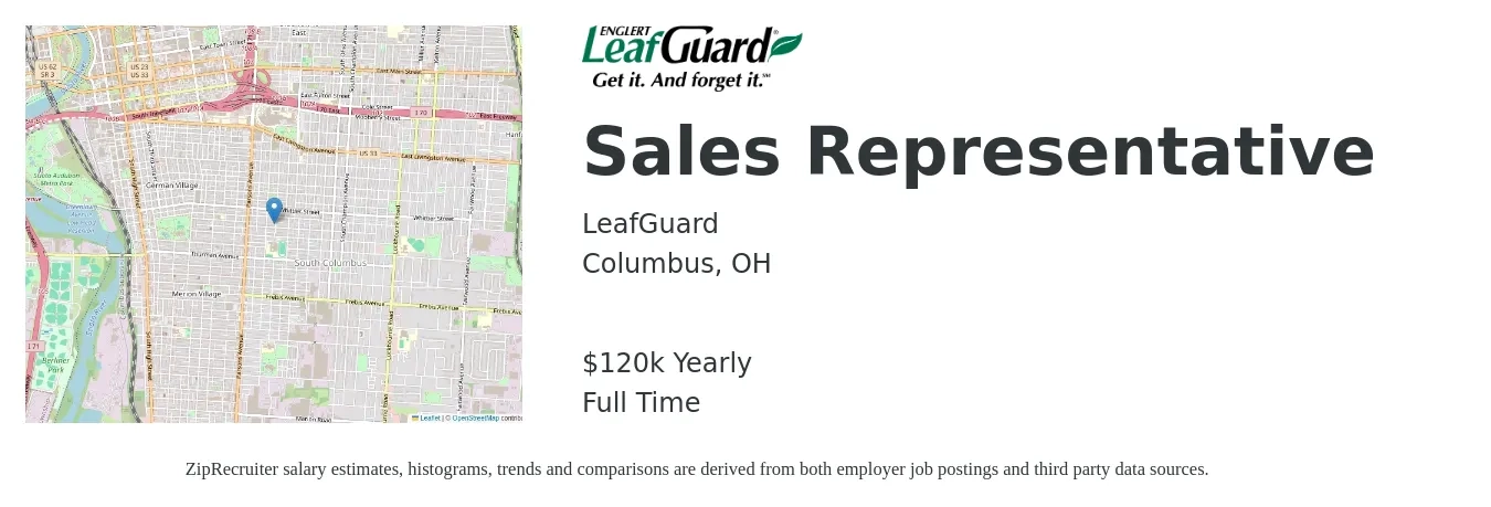 LeafGuard job posting for a Sales Representative in Columbus, OH with a salary of $120,000 Yearly with a map of Columbus location.