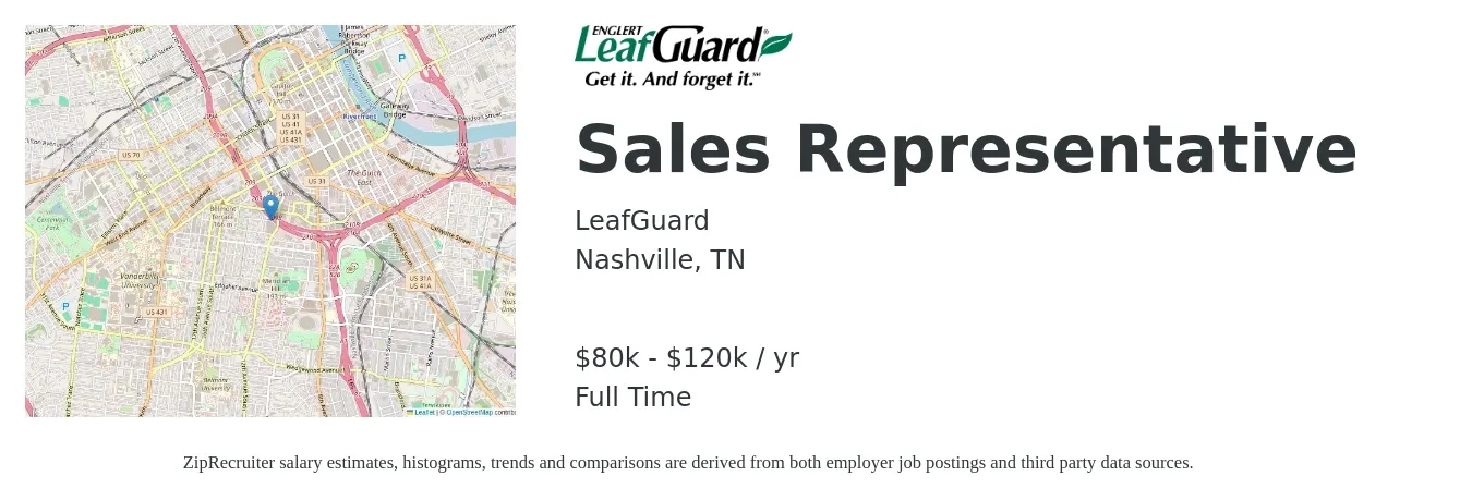 LeafGuard job posting for a Sales Representative in Nashville, TN with a salary of $120,000 Yearly with a map of Nashville location.