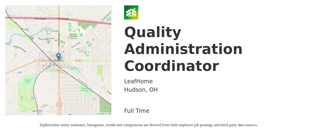 LeafHome job posting for a Quality Administration Coordinator in Hudson, OH with a salary of $19 to $30 Hourly with a map of Hudson location.