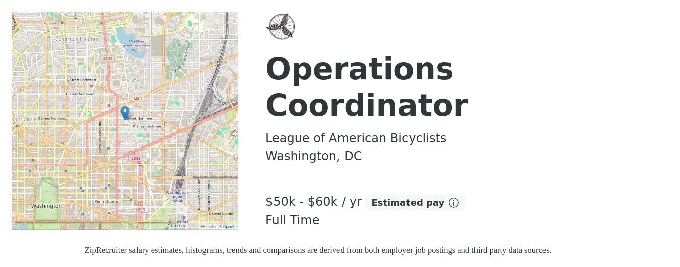 League of American Bicyclists job posting for a Operations Coordinator in Washington, DC with a salary of $50,000 to $60,000 Yearly with a map of Washington location.