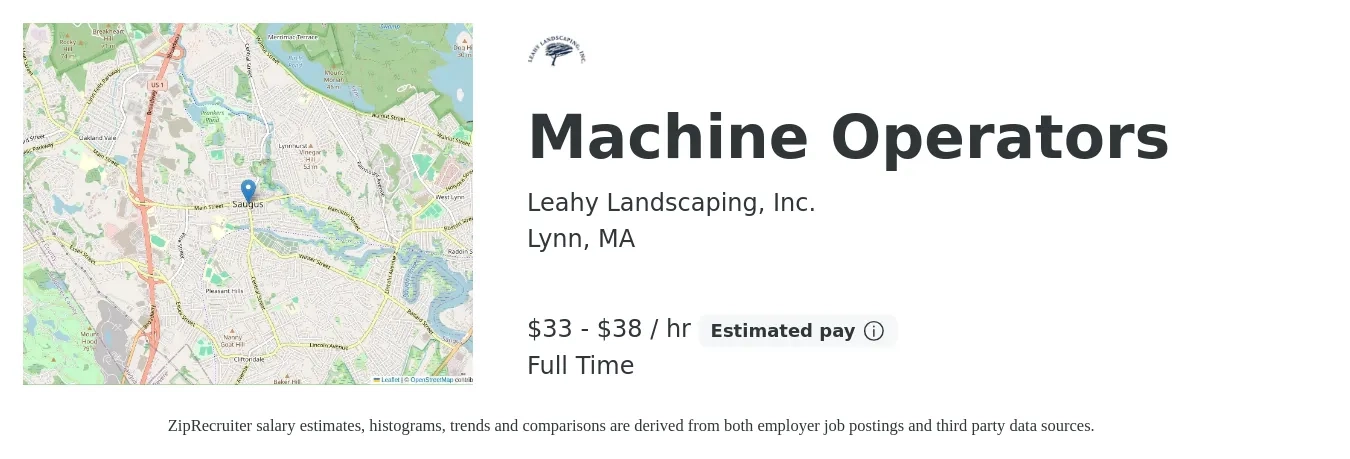 Leahy Landscaping, Inc. job posting for a Machine Operators in Lynn, MA with a salary of $35 to $40 Hourly with a map of Lynn location.