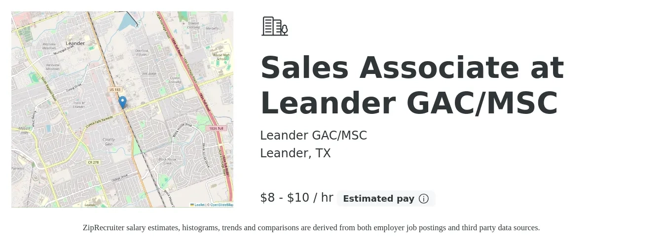 Leander GAC/MSC job posting for a Sales Associate at Leander GAC/MSC in Leander, TX with a salary of $9 to $11 Hourly with a map of Leander location.
