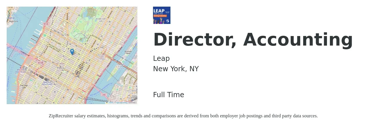 Leap job posting for a Director, Accounting in New York, NY with a salary of $150,000 to $180,000 Yearly with a map of New York location.