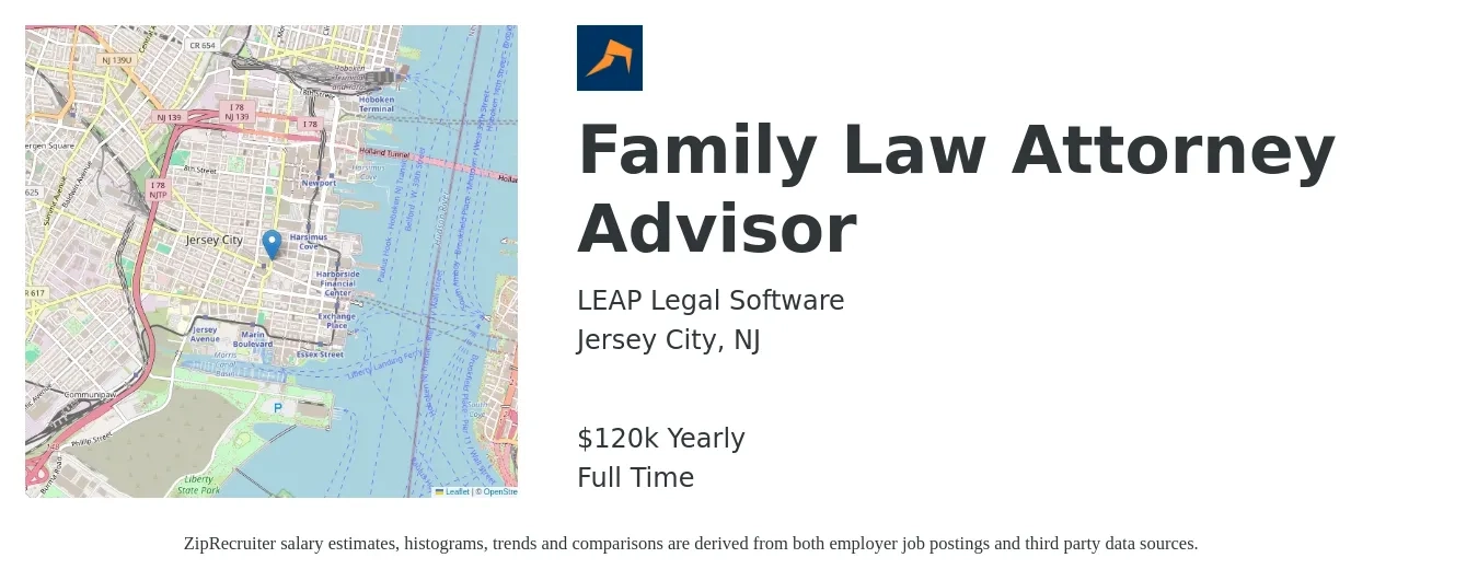 LEAP Legal Software job posting for a Family Law Attorney Advisor in Jersey City, NJ with a salary of $120,000 Yearly with a map of Jersey City location.