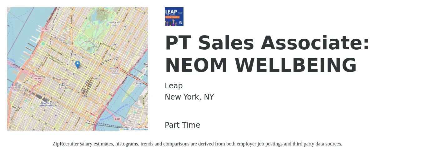 Leap job posting for a PT Sales Associate: NEOM WELLBEING in New York, NY with a salary of $18 to $20 Hourly with a map of New York location.