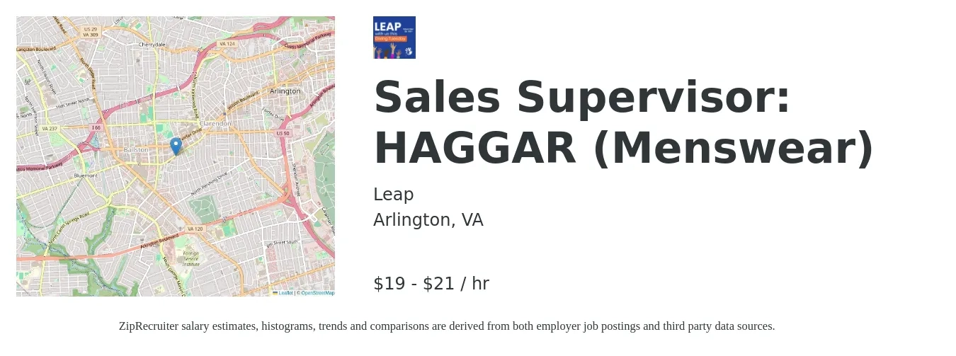 Leap job posting for a Sales Supervisor: HAGGAR (Menswear) in Arlington, VA with a salary of $20 to $22 Hourly with a map of Arlington location.