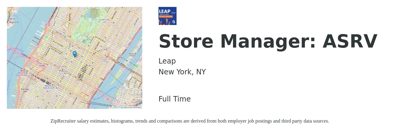Leap job posting for a Store Manager: ASRV in New York, NY with a salary of $45,300 to $70,400 Yearly with a map of New York location.