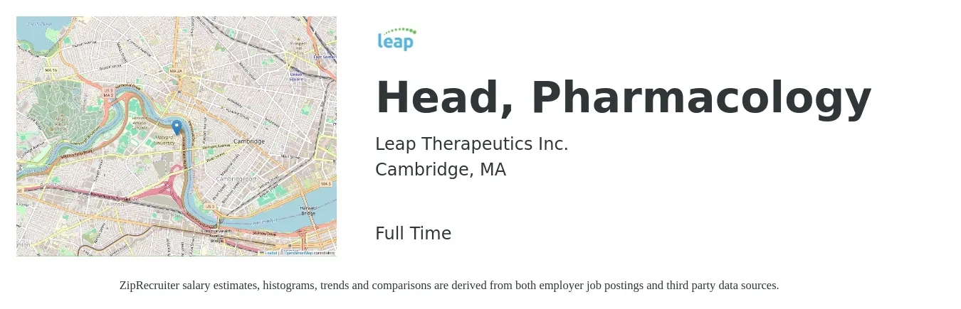 Leap Therapeutics Inc. job posting for a Head, Pharmacology in Cambridge, MA with a salary of $121,800 to $154,900 Yearly with a map of Cambridge location.