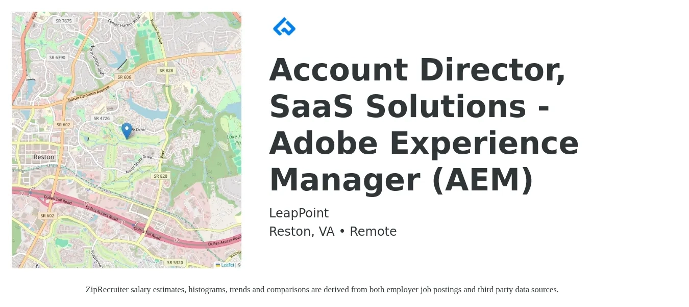 LeapPoint job posting for a Account Director, SaaS Solutions - Adobe Experience Manager (AEM) in Reston, VA with a salary of $155,000 to $250,000 Yearly with a map of Reston location.