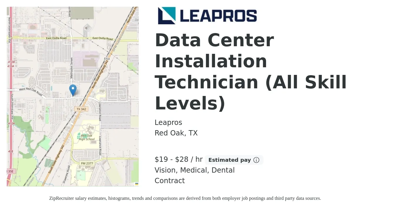 Leapros job posting for a Data Center Installation Technician (All Skill Levels) in Red Oak, TX with a salary of $20 to $30 Hourly and benefits including life_insurance, medical, vision, and dental with a map of Red Oak location.
