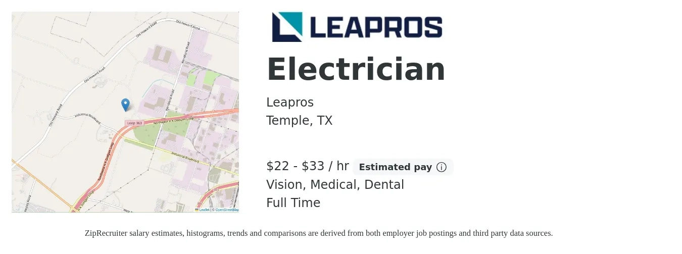 Leapros job posting for a Electrician in Temple, TX with a salary of $23 to $35 Hourly and benefits including life_insurance, medical, vision, and dental with a map of Temple location.