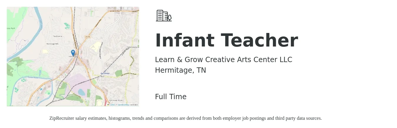 Learn & Grow Creative Arts Center LLC job posting for a Infant Teacher in Hermitage, TN with a salary of $12 to $16 Hourly with a map of Hermitage location.