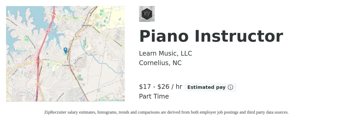 Learn Music, LLC job posting for a Piano Instructor in Cornelius, NC with a salary of $18 to $28 Hourly with a map of Cornelius location.