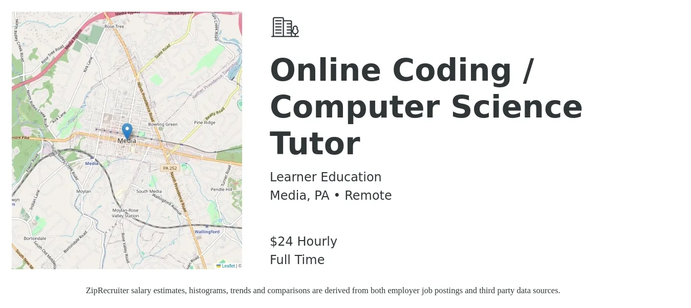 Learner Education job posting for a Online Coding / Computer Science Tutor in Media, PA with a salary of $25 Hourly with a map of Media location.