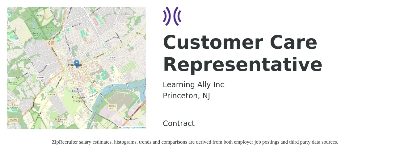 Learning Ally Inc job posting for a Customer Care Representative in Princeton, NJ with a salary of $17 to $23 Hourly with a map of Princeton location.