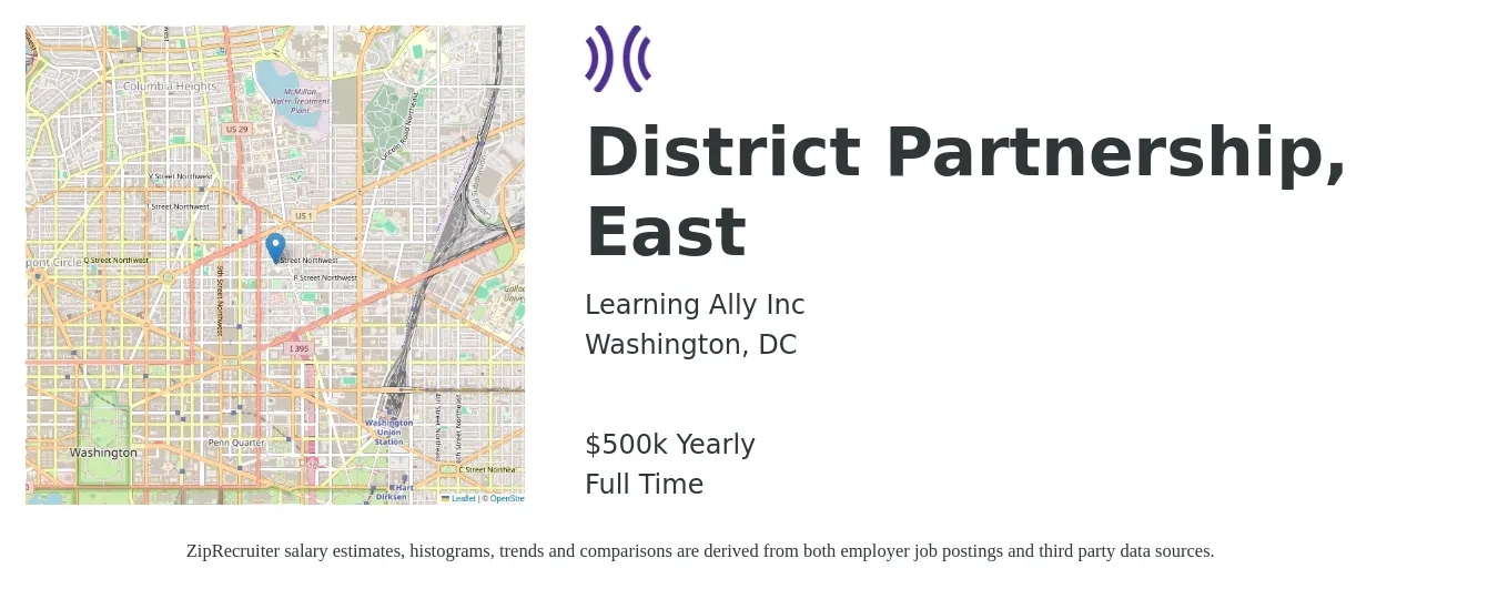 Learning Ally Inc job posting for a District Partnership, East in Washington, DC with a salary of $500,000 Yearly with a map of Washington location.