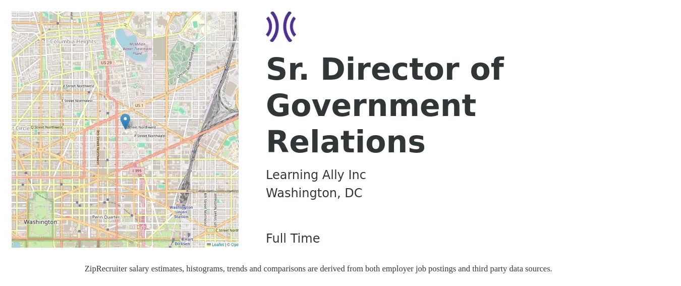 Learning Ally Inc job posting for a Director of Government Relations in Washington, DC with a salary of $109,300 to $151,800 Yearly with a map of Washington location.