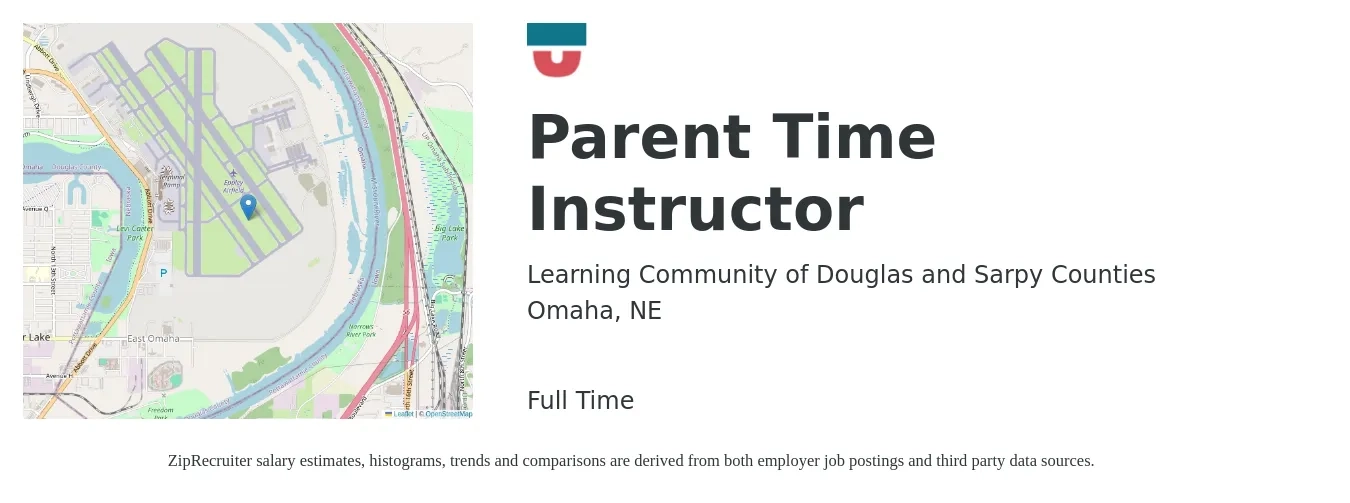 Learning Community of Douglas and Sarpy Counties job posting for a Parent Time Instructor in Omaha, NE with a salary of $15 to $19 Hourly with a map of Omaha location.