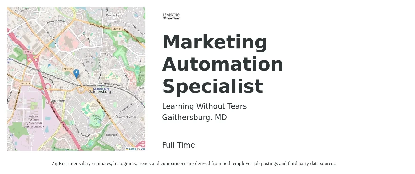 Learning Without Tears job posting for a Marketing Automation Specialist in Gaithersburg, MD with a salary of $67,000 to $91,300 Yearly with a map of Gaithersburg location.