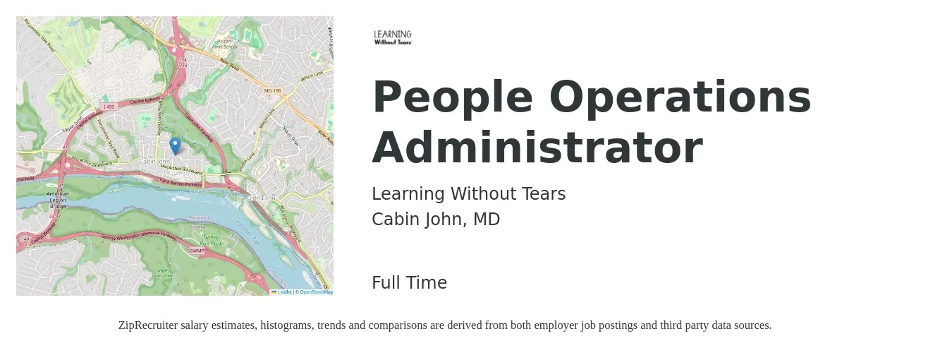 Learning Without Tears job posting for a People Operations Administrator in Cabin John, MD with a salary of $20 to $32 Hourly with a map of Cabin John location.