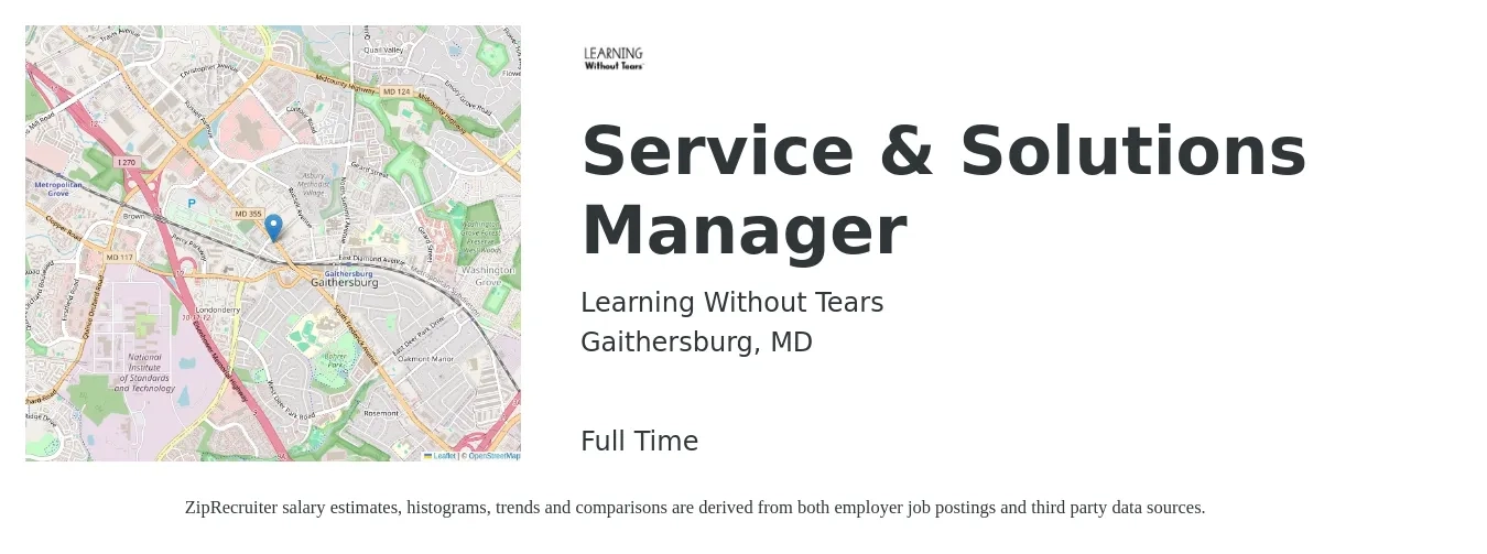 Learning Without Tears job posting for a Service & Solutions Manager in Gaithersburg, MD with a salary of $44,300 to $75,600 Yearly with a map of Gaithersburg location.