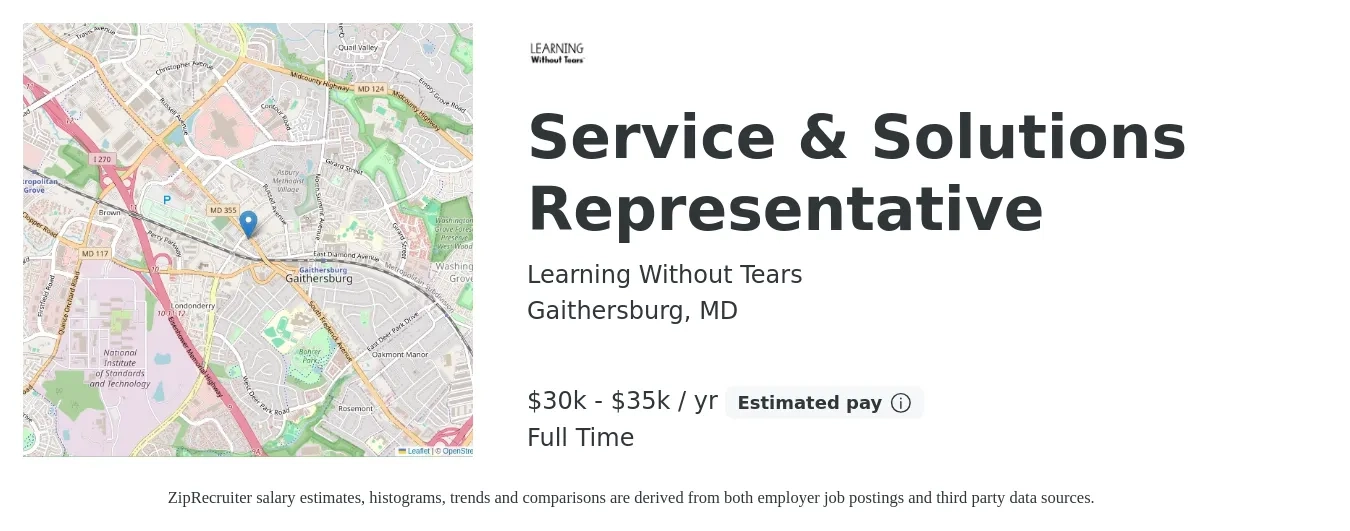 Learning Without Tears job posting for a Service & Solutions Representative in Gaithersburg, MD with a salary of $30,000 to $35,000 Yearly with a map of Gaithersburg location.