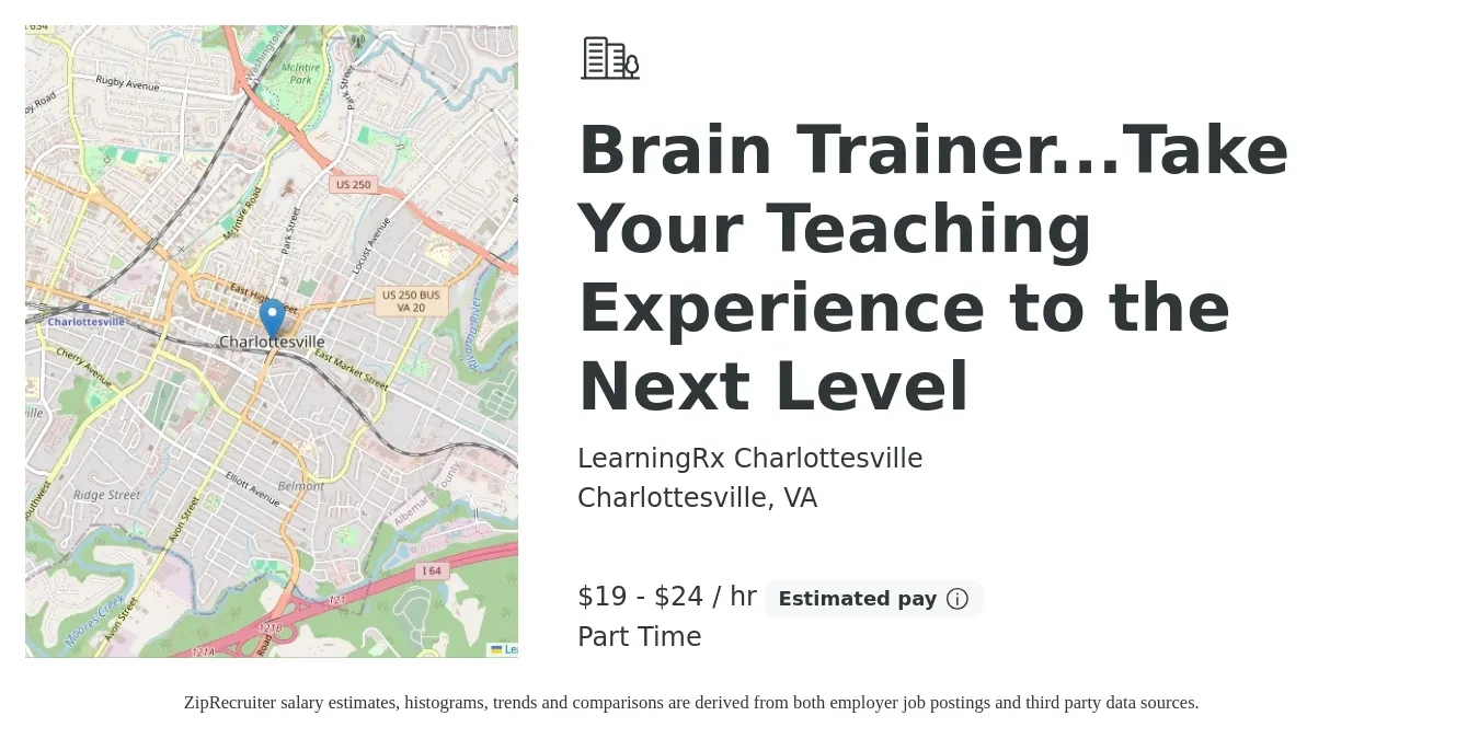 LearningRx Charlottesville job posting for a Brain Trainer...Take Your Teaching Experience to the Next Level in Charlottesville, VA with a salary of $18 to $25 Hourly with a map of Charlottesville location.