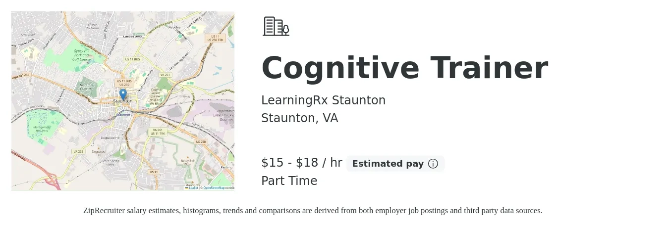 LearningRx Staunton job posting for a Cognitive Trainer in Staunton, VA with a salary of $16 to $19 Hourly with a map of Staunton location.